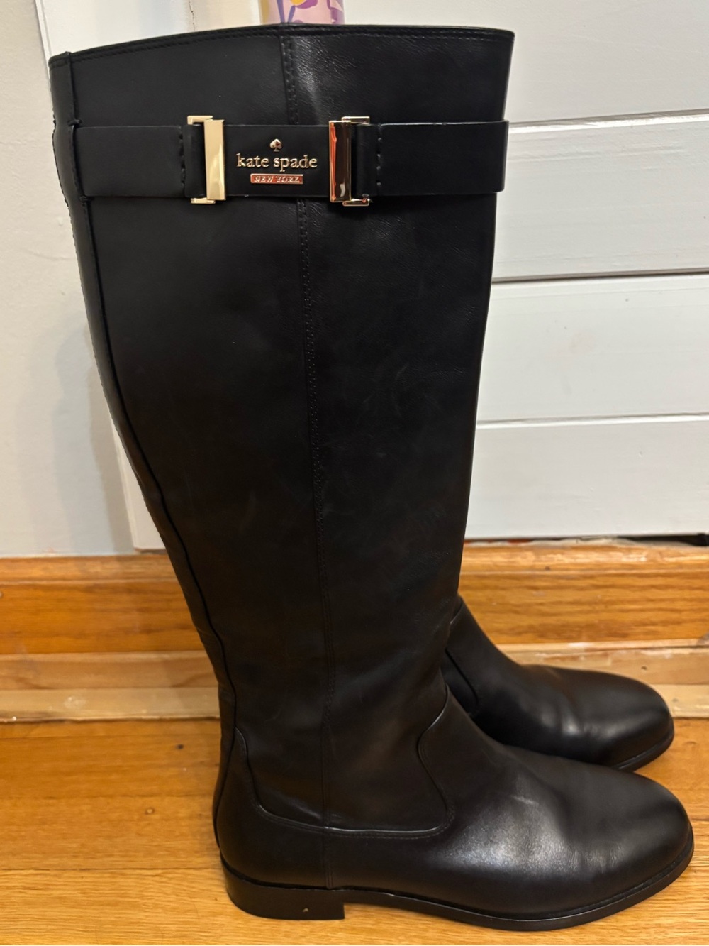 Kate Spade Black Leather Over-the-Knee Riding Boots with Gold Plaque 7,5M